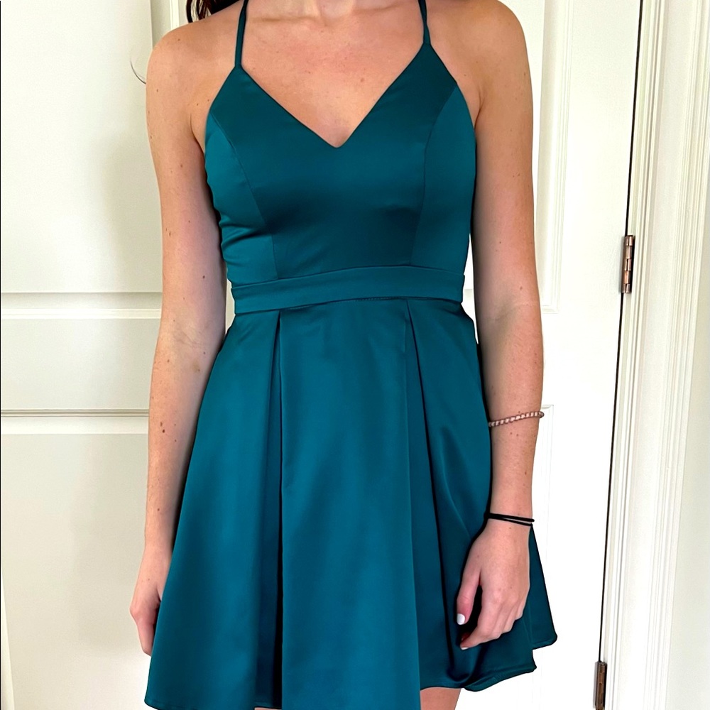 Lulus satin emerald green skater dress, size XS.